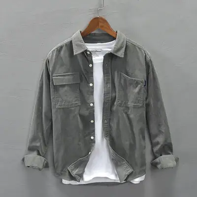 Men's Grey Long Sleeve Corduroy Shirt Autumn Wear