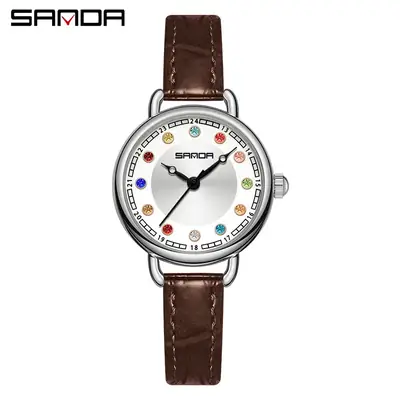 Sanda Women's Crystal Watch Brown Leather Band Quartz Waterproof