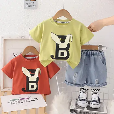 2024 Boys Summer T-Shirt Shorts Set Orange Blue
