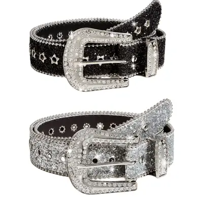 Rhinestone Belt Women's Black Wide Decoration