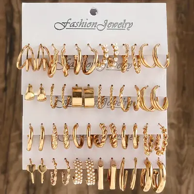 Golden Square Geometric Earrings Set for Women