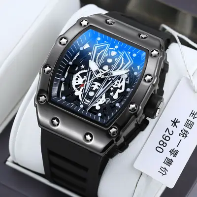 Men's Black Steel Skeleton Quartz Watch with Blue Glass Panel