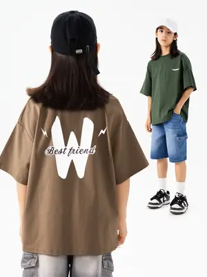 Kids Green Letter T-Shirt Loose Fit Summer Wear