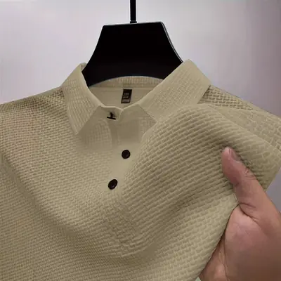 Men Black Polo Shirt Short Sleeve Lapel Button