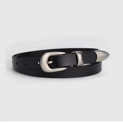Women's Black Leather Belt with Silver Buckle