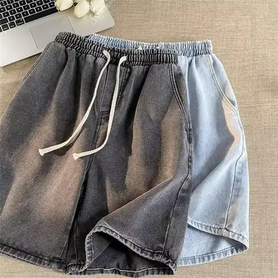 Men Black Elastic Waist Denim Shorts Summer Loose Fit