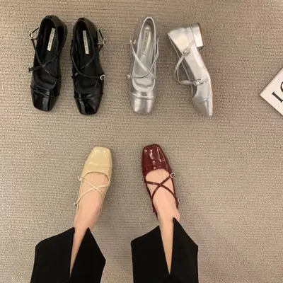 Thick heel cross silver Mary Jane square toe single shoes women's shoes 2024 new spring evening gentle flat ladle shoes
