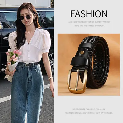 Women Woven Belt Gold Buckle Retro Casual Black