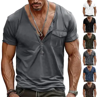 Men V Neck T-Shirt Olive Green Summer Loose Fit