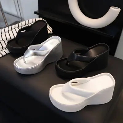 Women's 2024 Clip Sandals White Black Silver Wedge Flip Flops