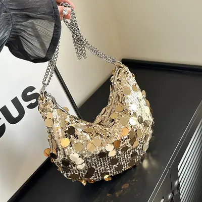Black Sequin Shoulder Bag for Women 2024 Spring Summer