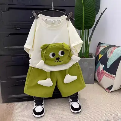 Baby Cartoon T-Shirt Shorts Set White Brown Loose Summer