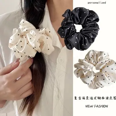 Black Polka Dot French Satin Hair Scrunchie