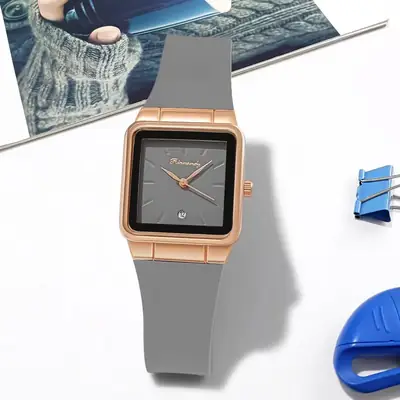 Women's Red Silicone Belt Quartz Watch Square Dial