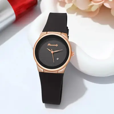 Ladies Quartz Watch with Rose Gold Dial & Blue Silicone Belt