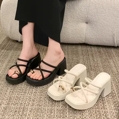 Women's White Thick Heel Sandals Summer