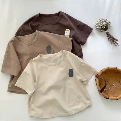 2024 Summer Cotton Boys Girls T-Shirt Beige Letter Print