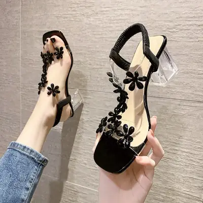 Women Crystal Chunky Heel Sandals Large