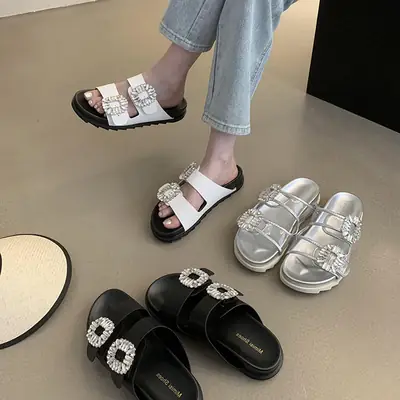 Women Black Square Buckle Rhinestone Flip Flops