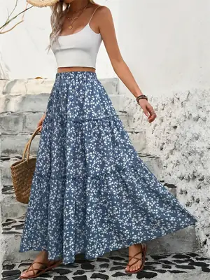Women's Blue Floral Three Layer Skirt Long Belted