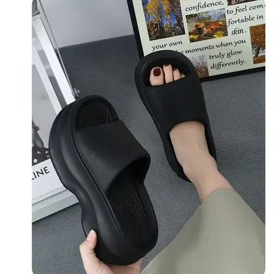 Women's Black Thick Bottom Wedge Slippers Summer Wear