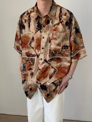 Men's Camo Printed Ice Silk Shirt Short Sleeve Summer