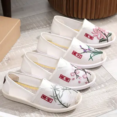 Women Embroidered Mesh Slip-On Shoes Plum Orchid Bamboo Chrysanthemum