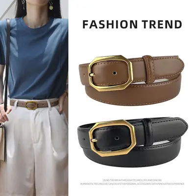 Women's Genuine Leather Belt Brown Black Gold Buckle