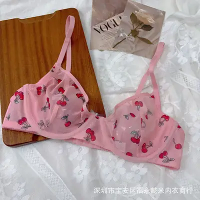Pink Mesh Bra with Floral Print & Steel Ring Closure