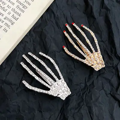 Ghost Claw Skull Hand Claw Hairpin Super Flash Rhinestone Hair Accessories Duckbill Clip Bangs Clip Hand Bone Hairpin Halloween Headwear
