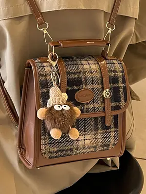 Women's Plaid Crossbody Bag with Fur Pom Pom