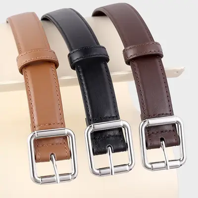 Women's Black Leather Belt with Buckle & Stitched Design