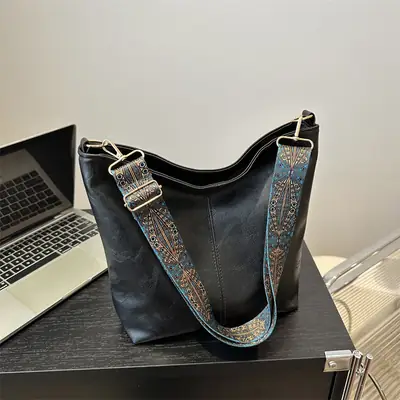 Women's Black Textured Shoulder Crossbody Tote Bag Large Capacity