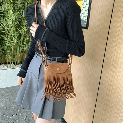 Women Tassel Phone Bag Suede Crossbody Brown