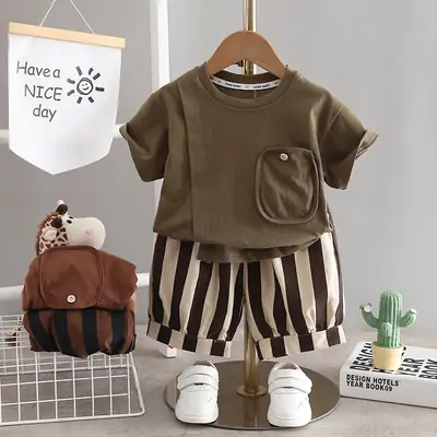 Boys T-Shirt Shorts Set Brown Striped 2024 Summer