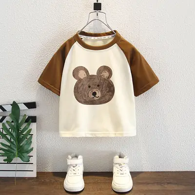 Boys T-shirt Bear Print Brown Cream Summer 2024