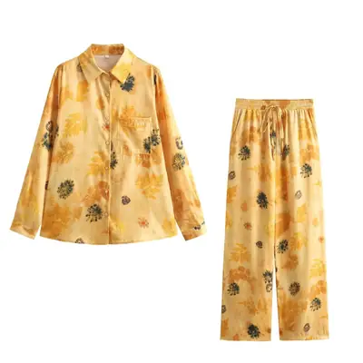 10303-spring new women's European and American style lapel silk satin texture printed shirt casual pants suit
