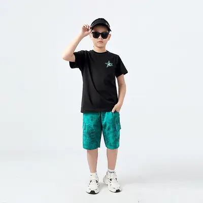 Kids Korean Short Sleeve T-Shirt Shorts Set Black Teal