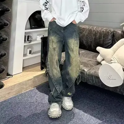 American Style Retro Jeans Wide Leg Stitched Men