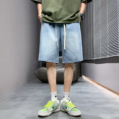 Men Light Blue Denim Shorts Mid-Length Casual Washed