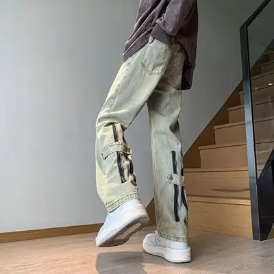 Men's Yellow Mud Print Zipper Pants All Match