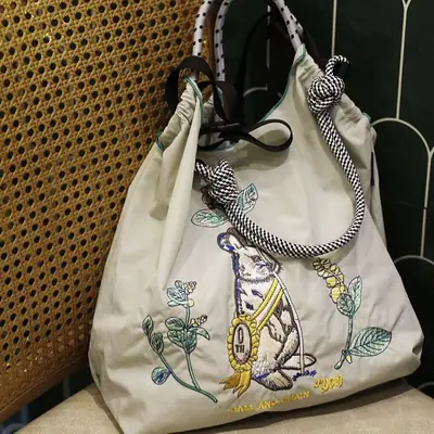 Gray Embroidered Japanese Style Shopping Bag