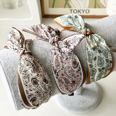 2024 Cashew Flower Satin Hair Band with Knot Rabbit Ear Design