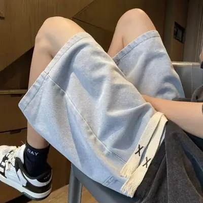 Men's 2024 Summer Denim Shorts Light Blue Loose Fit