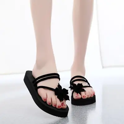 Women's Black Floral Flip-Flops with High Thick Sole