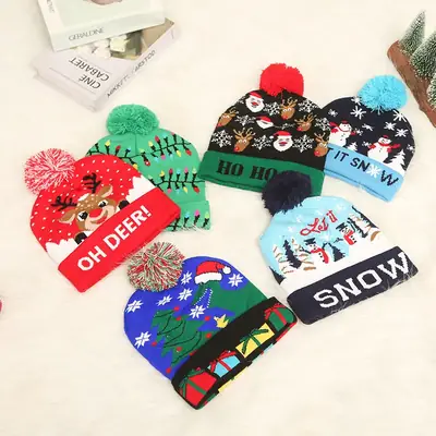 Cross-Country LED Light Knitted Christmas Hat with Santa Design
