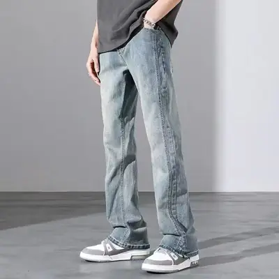 Men's Washed Vintage Blue Jeans Straight Long Pants