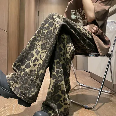 Men's Retro Leopard Denim Pants Spring Loose Straight Leg