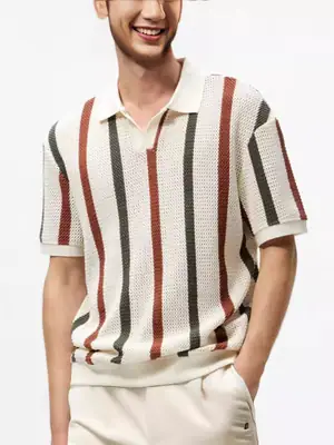 Men's Vertical Striped Polo Shirt with Long Sleeve