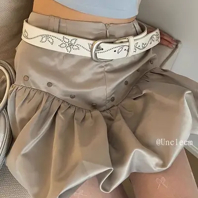 Women's Silk Belted Skirt with Flower Embroidery